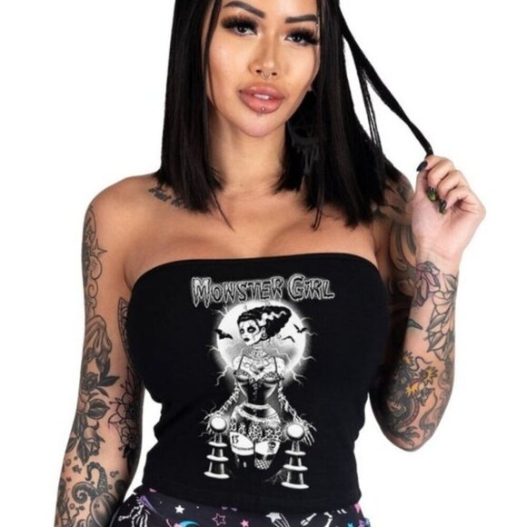 Too Fast Tops - Too Fast ✦ Monster Girl Corset Top ✦ Strapless Lace-Up Tee Gothic Horror Graphic